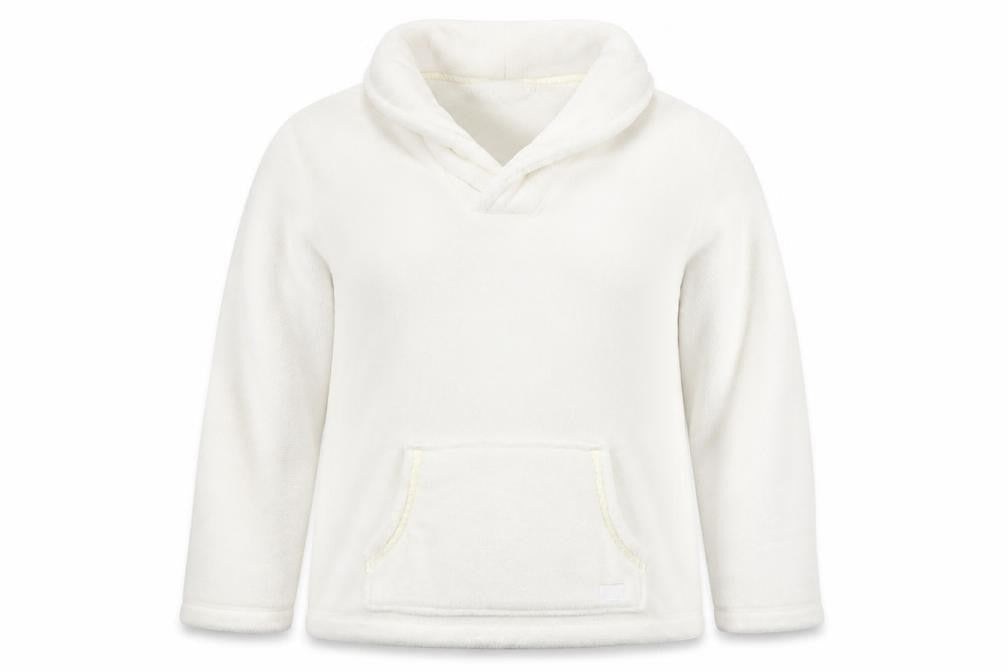 Front view of ARI JOHN ROCHA women’s ivory pullover hoodie, size UK 14, fleece pockets winter