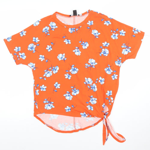 New Look Womens Orange Floral Tie Hem Short Sleeve Top Size 8