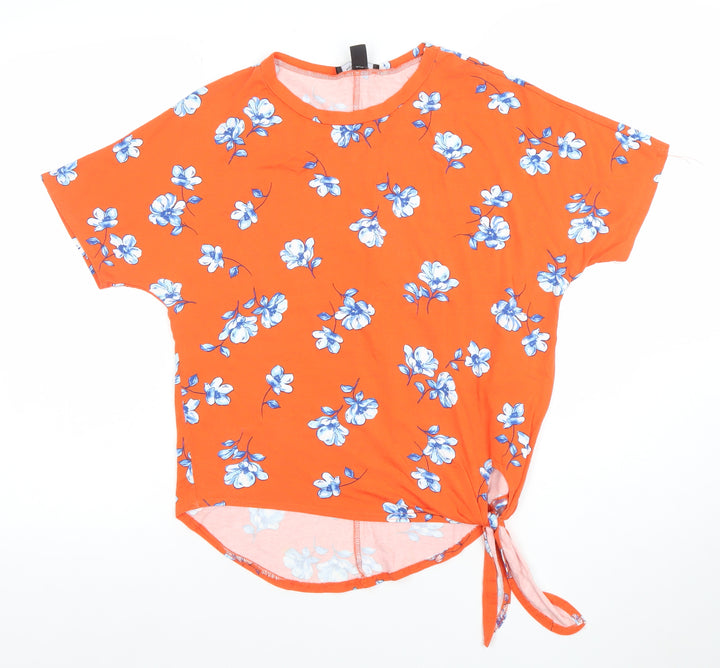 New Look Womens Orange Floral Tie Hem Short Sleeve Top Size 8