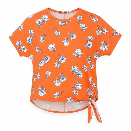 New Look Womens Orange Floral Tie Hem Short Sleeve Top Size 8