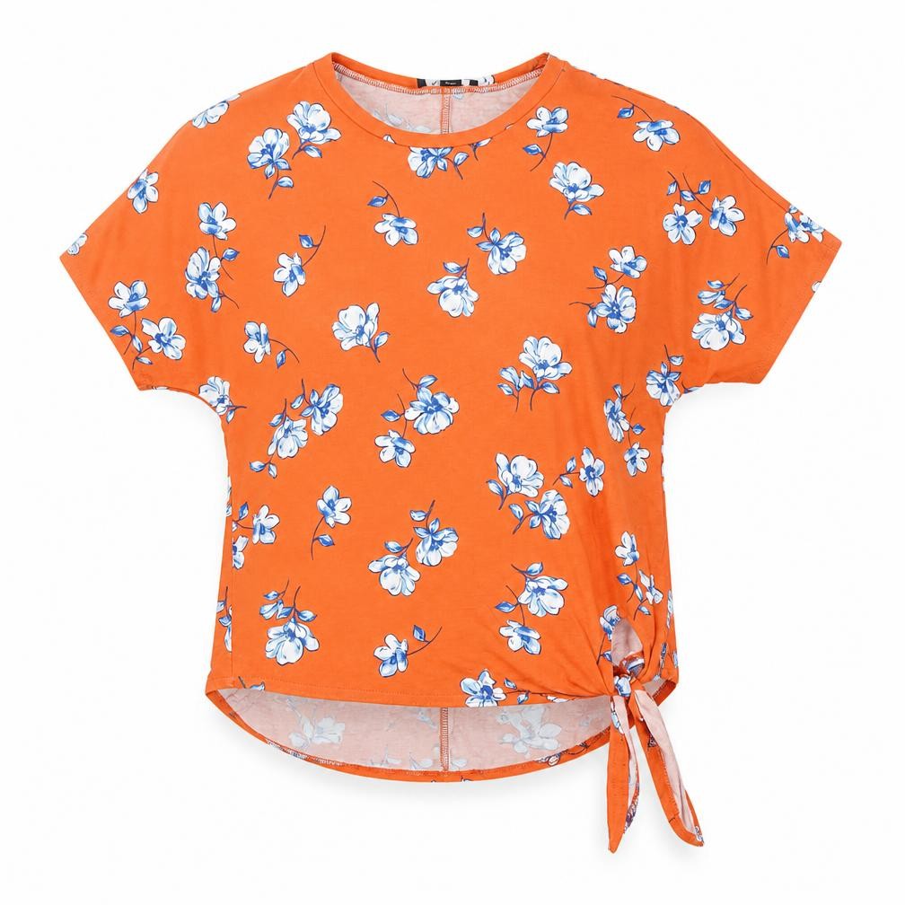 New Look Womens Orange Floral Tie Hem Short Sleeve Top Size 8
