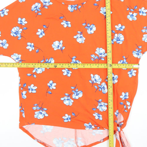 New Look Womens Orange Floral Tie Hem Short Sleeve Top Size 8