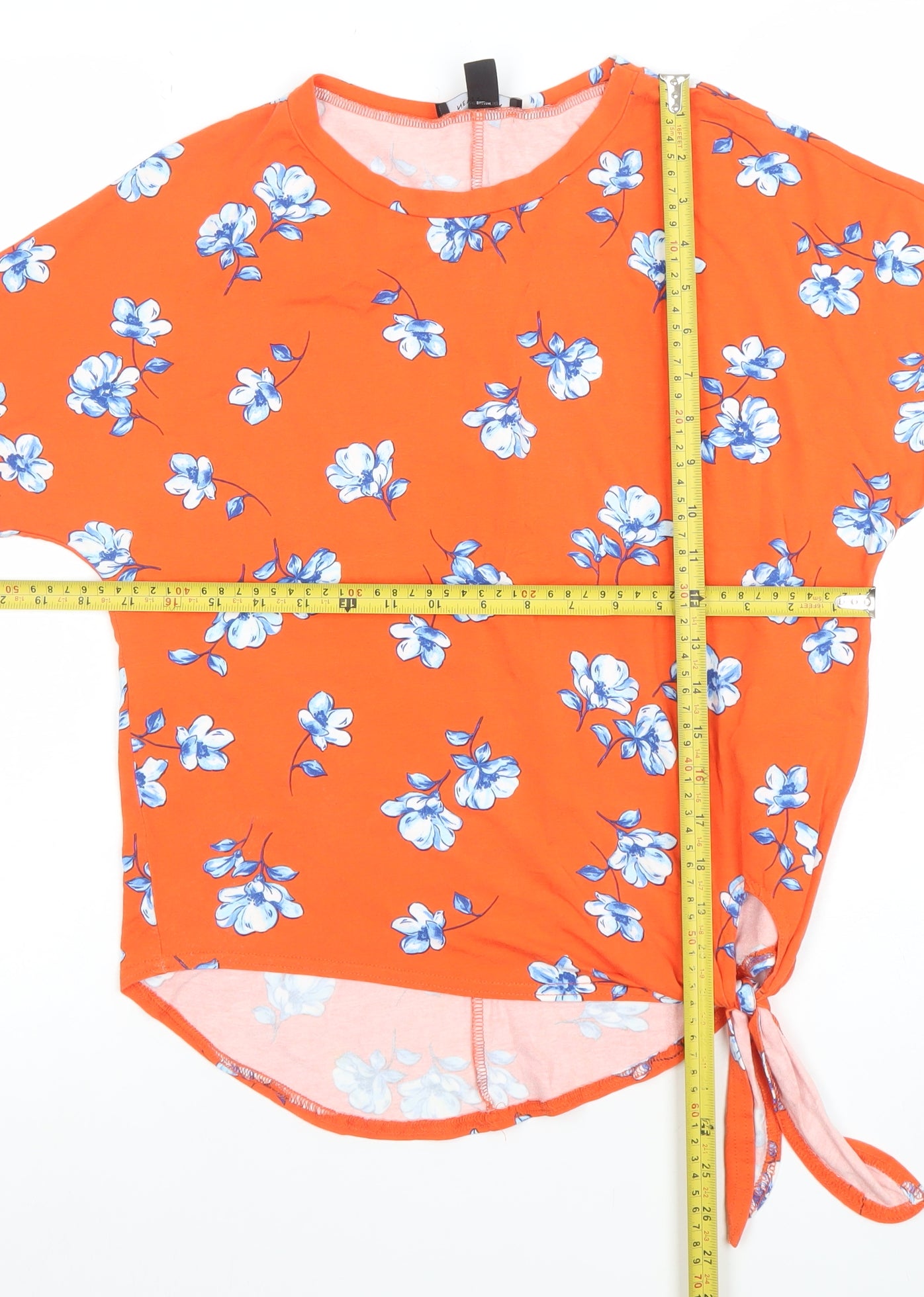 New Look Womens Orange Floral Tie Hem Short Sleeve Top Size 8