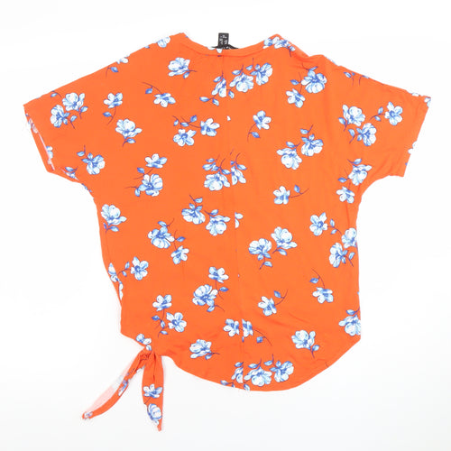 New Look Womens Orange Floral Tie Hem Short Sleeve Top Size 8