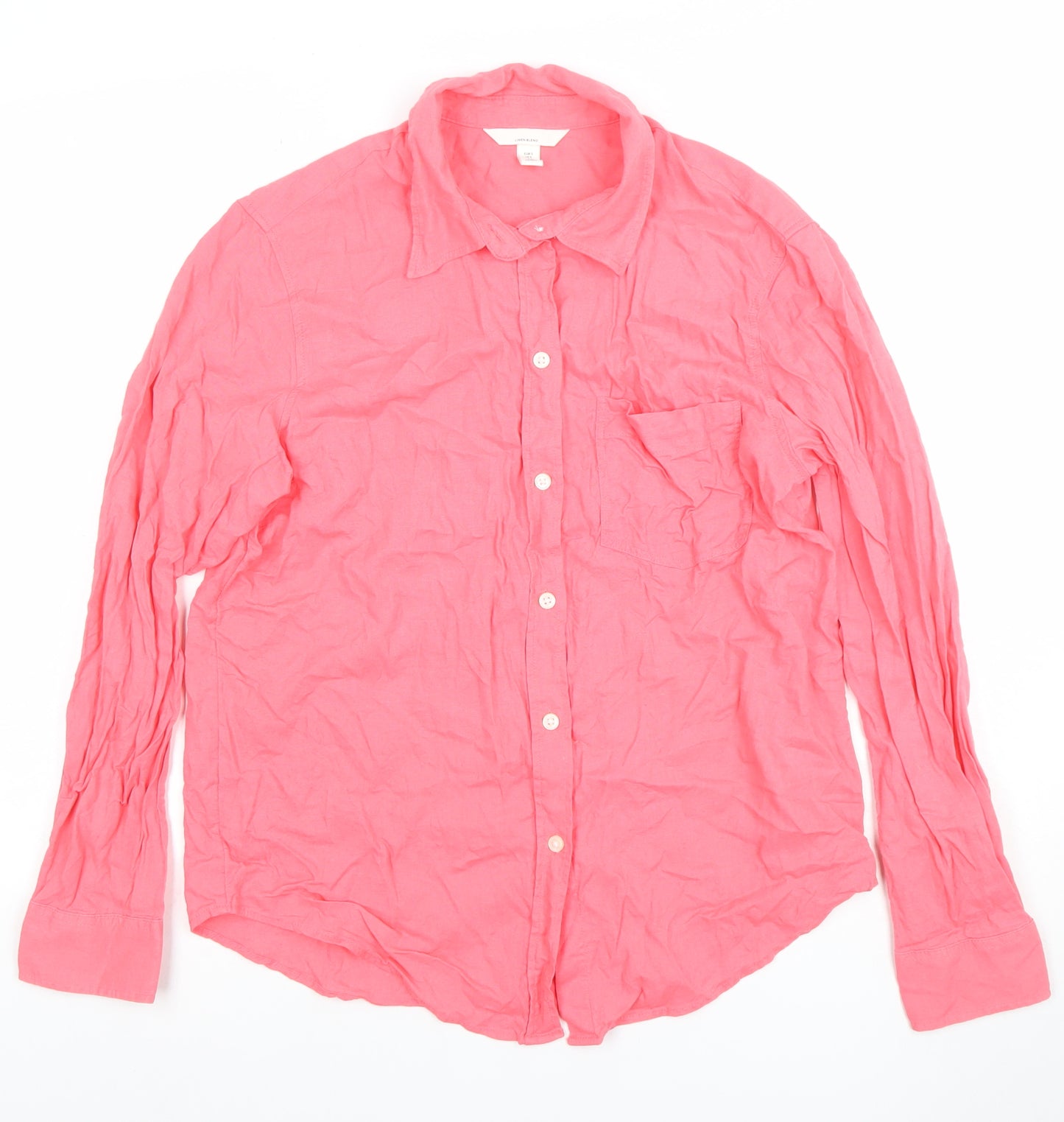 Uniqlo Women Pink Linen Cotton Button-Up Long Sleeve Shirt Size L