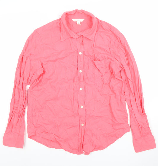 Uniqlo Women Pink Linen Cotton Button-Up Long Sleeve Shirt Size L