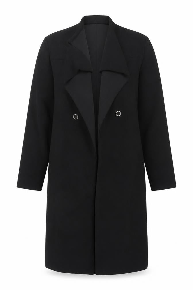 Front view of Boohoo Women’s Black Long Classic Coat, size UK 6