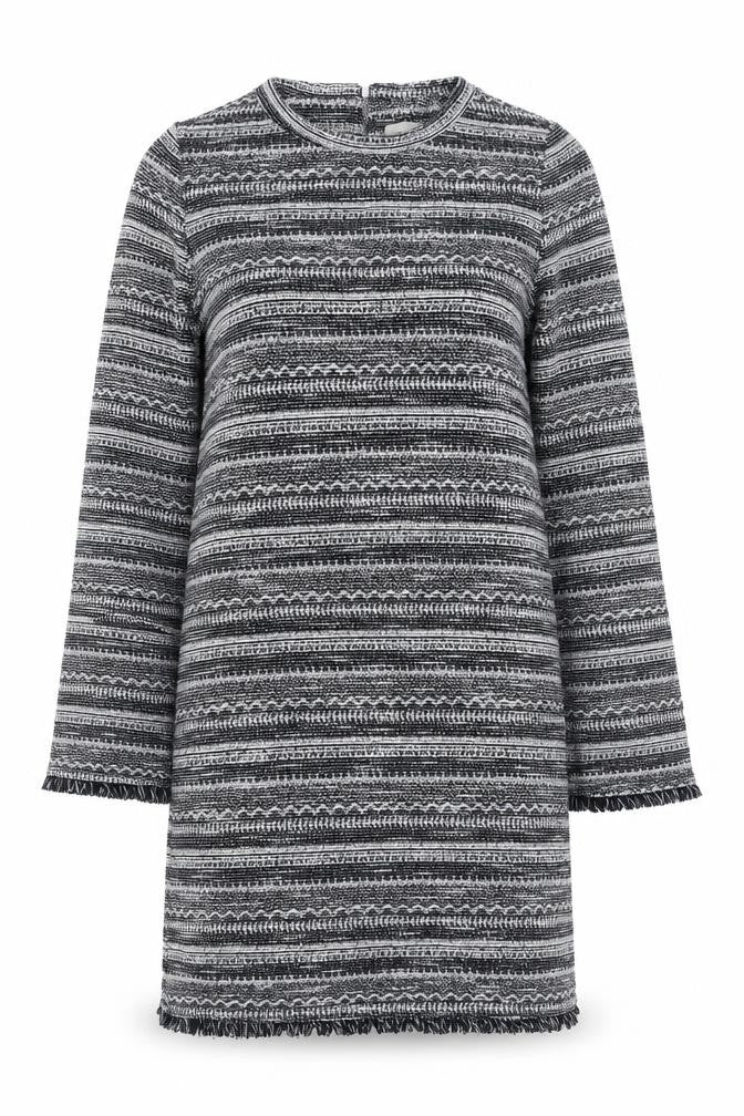 Front view of Next Women Grey Striped Knit Shift Dress, size 8, Long Sleeve