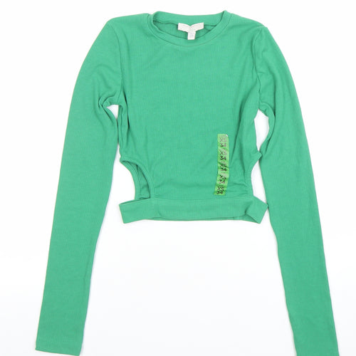Pull & Bear Teens Green Cropped Long Sleeve Slim Fit Top XS