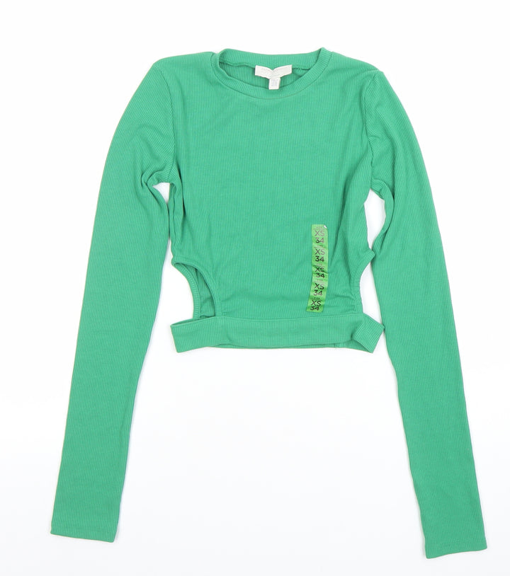 Pull & Bear Teens Green Cropped Long Sleeve Slim Fit Top XS