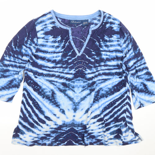 Antelope Womens Blue Tie Dye Sequin V-Neck 3/4 Sleeve Cotton Top Size L