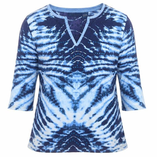 Antelope Womens Blue Tie Dye Sequin V-Neck 3/4 Sleeve Cotton Top Size L