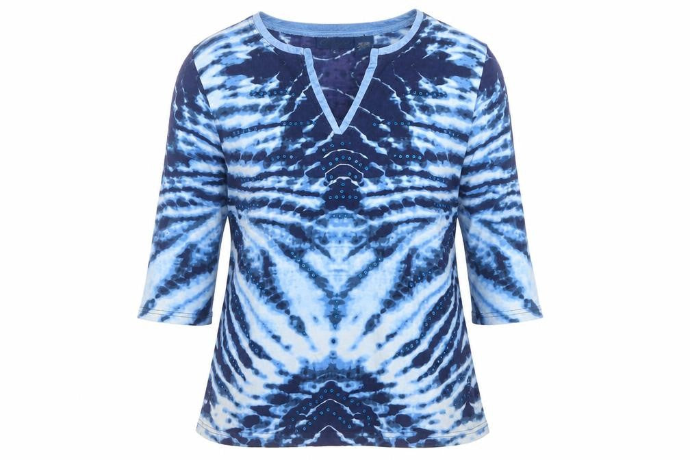 Antelope Womens Blue Tie Dye Sequin V-Neck 3/4 Sleeve Cotton Top Size L
