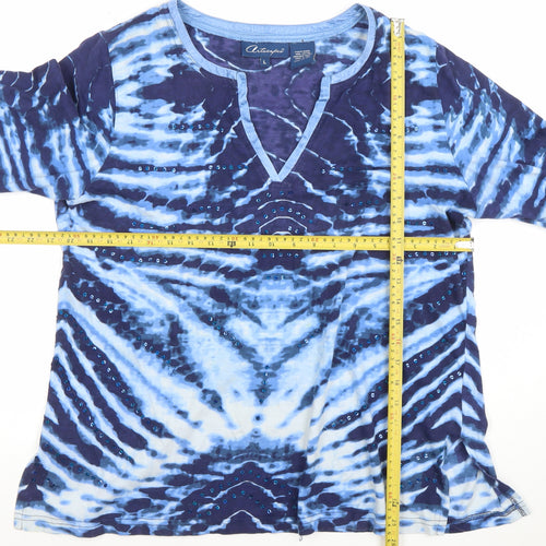 Antelope Womens Blue Tie Dye Sequin V-Neck 3/4 Sleeve Cotton Top Size L