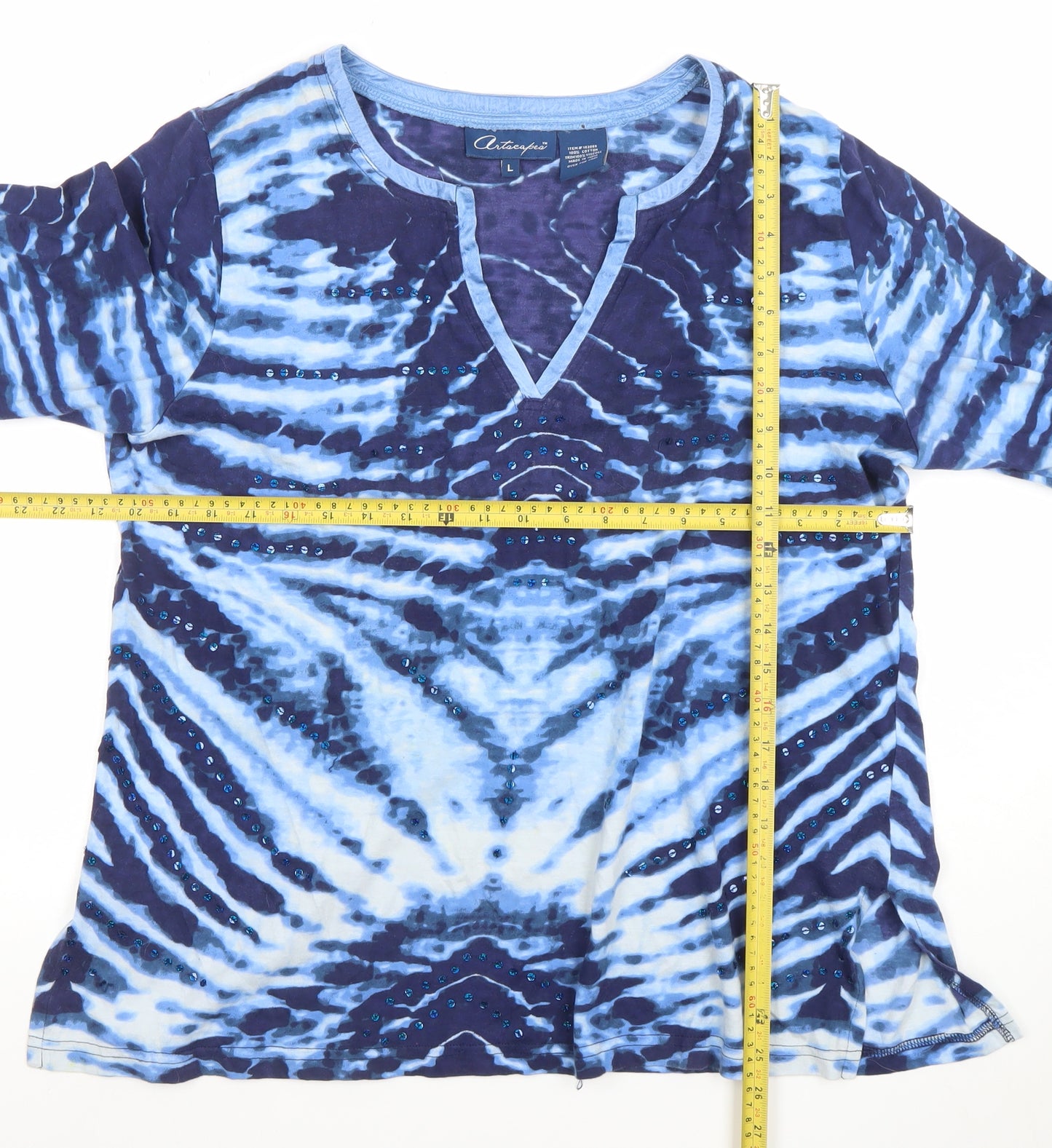 Antelope Womens Blue Tie Dye Sequin V-Neck 3/4 Sleeve Cotton Top Size L