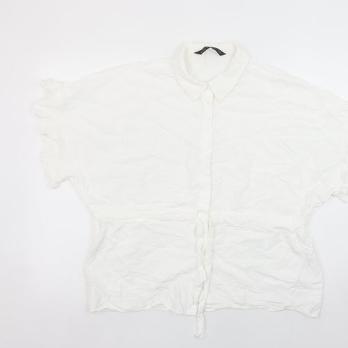 Zara Woman White Collared Ruffle Sleeve Tie Waist Blouse Size 12