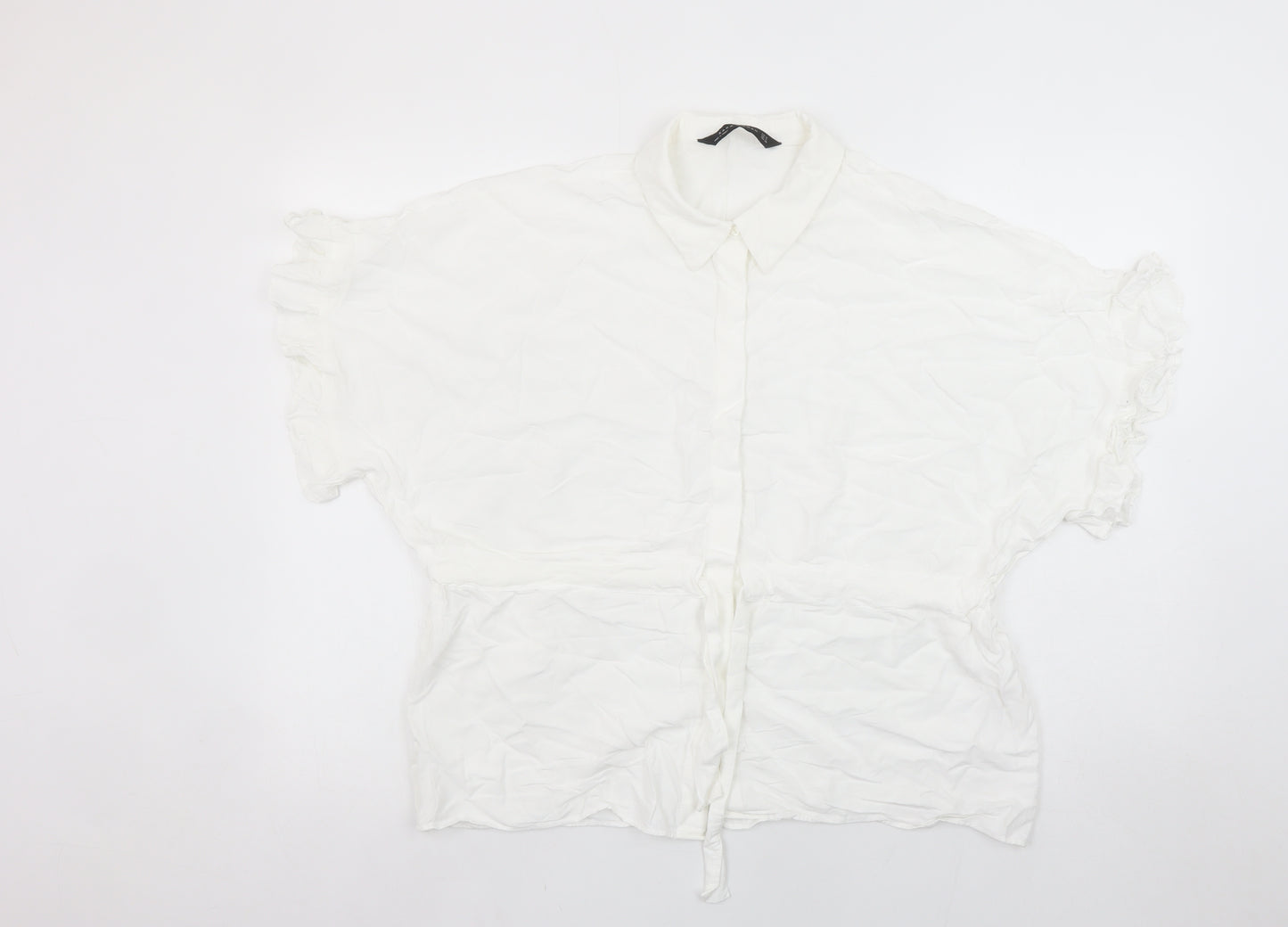 Zara Woman White Collared Ruffle Sleeve Tie Waist Blouse Size 12
