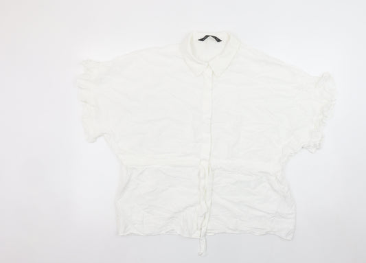 Zara Woman White Collared Ruffle Sleeve Tie Waist Blouse Size 12