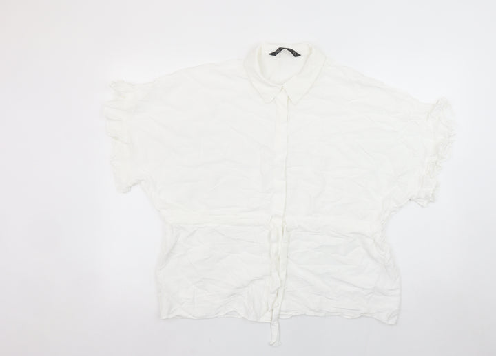 Zara Woman White Collared Ruffle Sleeve Tie Waist Blouse Size 12