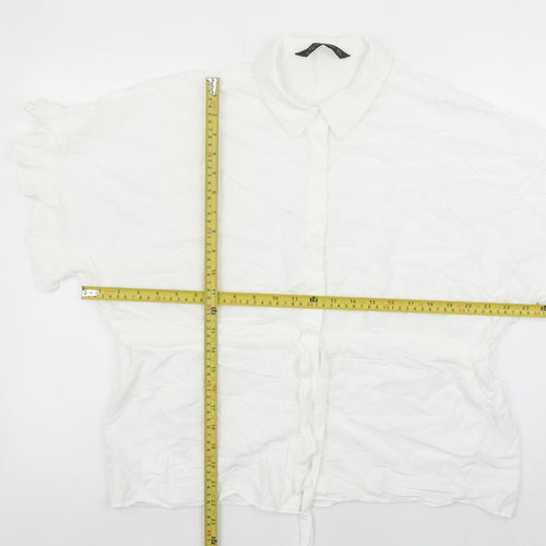 Zara Woman White Collared Ruffle Sleeve Tie Waist Blouse Size 12