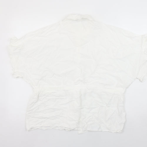 Zara Woman White Collared Ruffle Sleeve Tie Waist Blouse Size 12