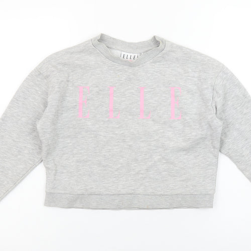 ELLE Girls Grey Pullover Logo Sweatshirt Size 8 Years Crew Neck Cotton Blend