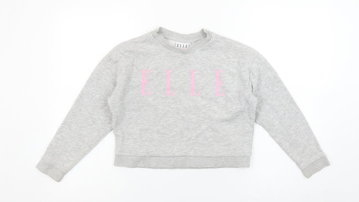 ELLE Girls Grey Pullover Logo Sweatshirt Size 8 Years Crew Neck Cotton Blend