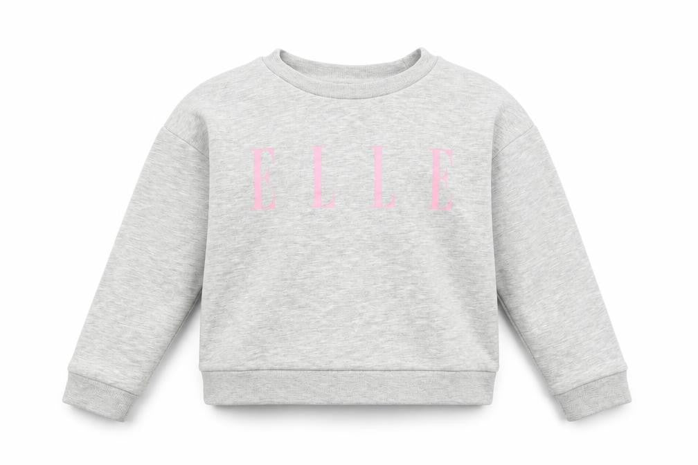 Front view of ELLE girls’ grey pullover logo sweatshirt, size 8, years crew neck cotton blend