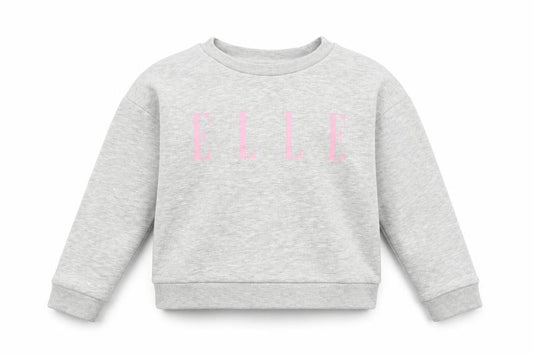 Front view of ELLE girls’ grey pullover logo sweatshirt, size 8, years crew neck cotton blend