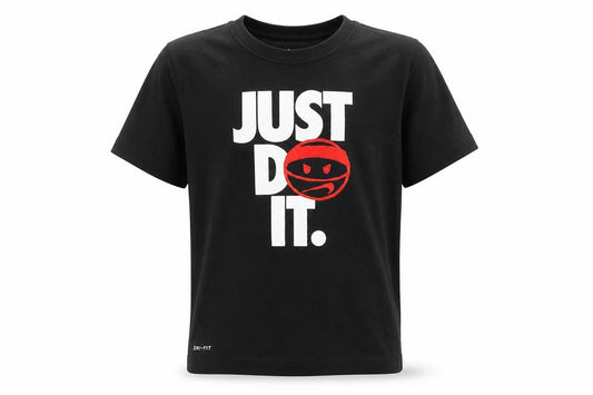 Front view of Nike Men's Black Dri-Fit 'Just Do It' Crew Neck Short Sleeve T-Shirt, size S