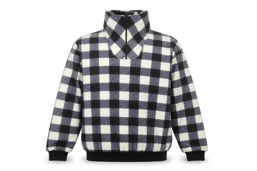 Front view of Stats Men's Black Check Fleece 1/4 Zip Pullover Sweatshirt XL