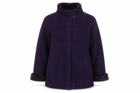 Front view of Marks & Spencer women’s purple fleece fur trim coat, size UK 16