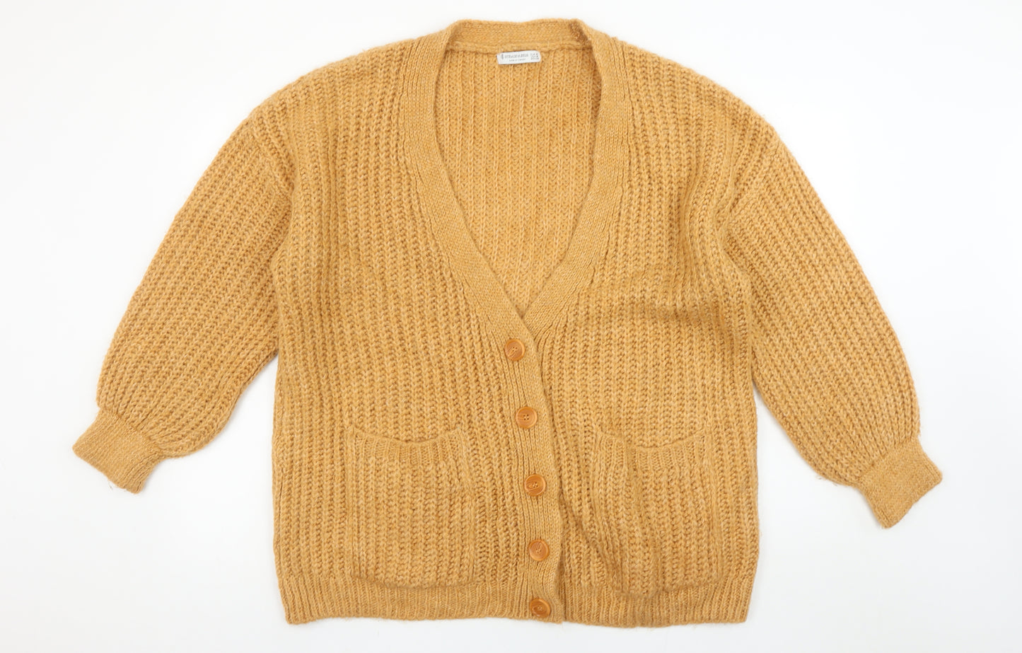 Stradivarius Women Beige Chunky-Knit V-Neck Cardigan Size M