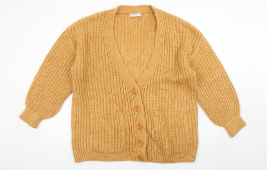 Stradivarius Women Beige Chunky-Knit V-Neck Cardigan Size M