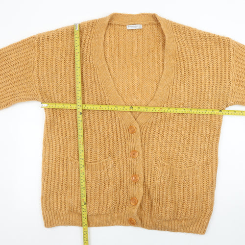 Stradivarius Women Beige Chunky-Knit V-Neck Cardigan Size M