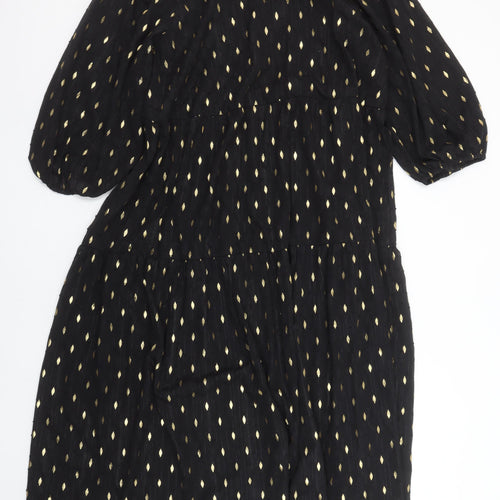 Dunnes Women Black Gold Metallic Shift Dress Size L 3/4 Sleeve