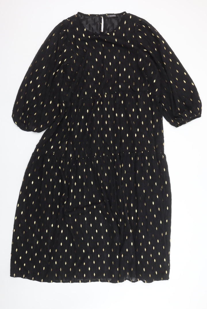 Dunnes Women Black Gold Metallic Shift Dress Size L 3/4 Sleeve