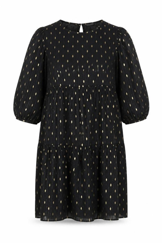 Front view of Dunnes Women Black Gold Metallic Shift Dress, size L, 3/4 Sleeve