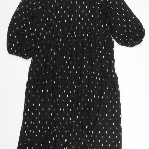 Dunnes Women Black Gold Metallic Shift Dress Size L 3/4 Sleeve