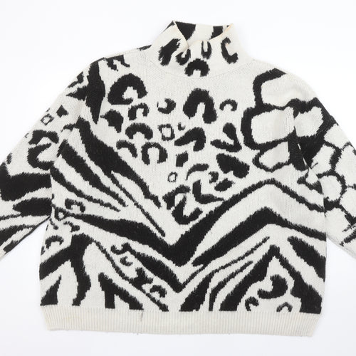 Topshop Women's Black Animal Print Roll Neck Jumper Size M