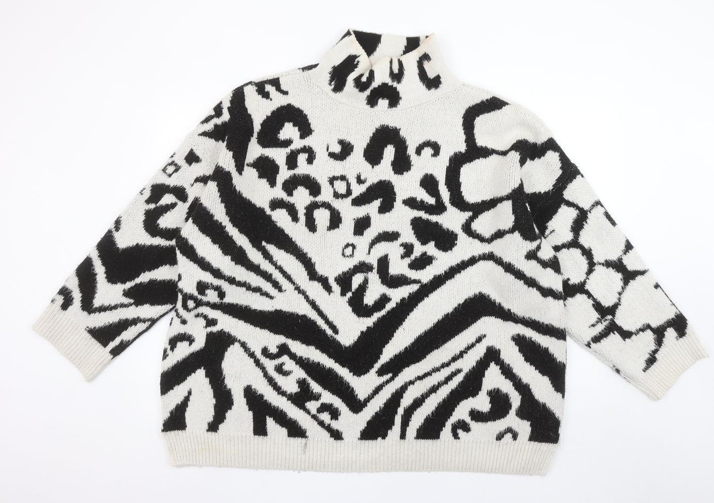 Topshop Women's Black Animal Print Roll Neck Jumper Size M