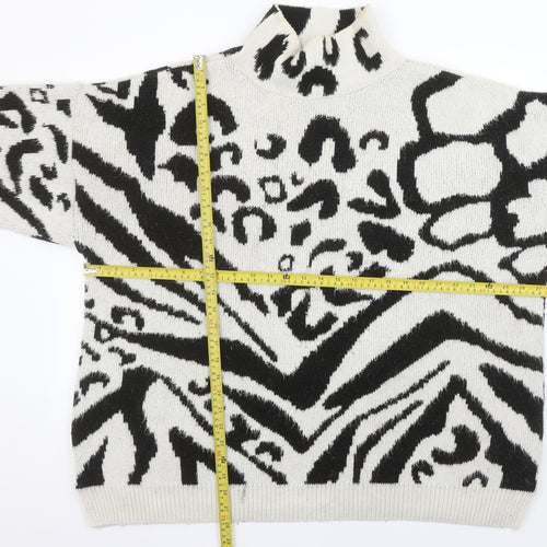 Topshop Women's Black Animal Print Roll Neck Jumper Size M