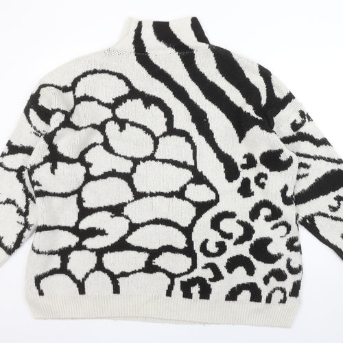 Topshop Women's Black Animal Print Roll Neck Jumper Size M