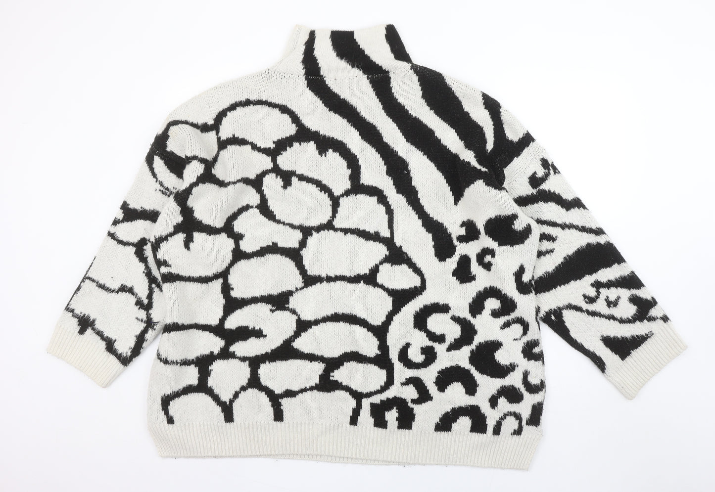 Topshop Women's Black Animal Print Roll Neck Jumper Size M