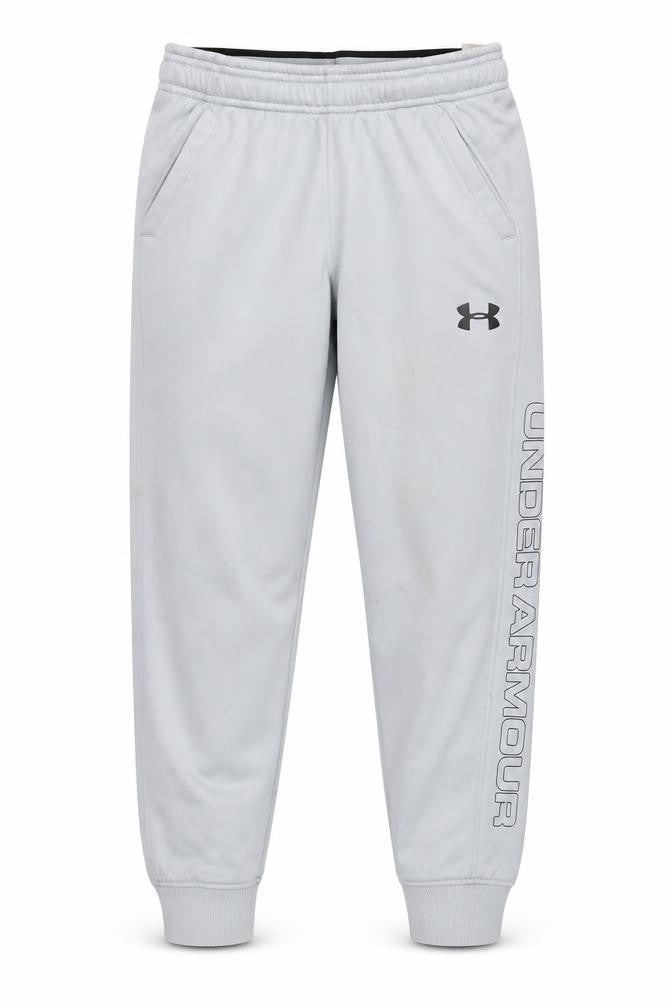 Front view of Under Armour boys’ grey fleece jogger trousers medium activewear