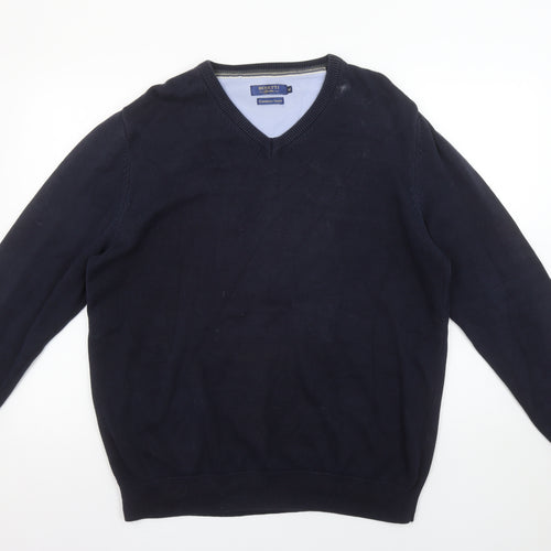 Benetti Men's Blue Cotton V-Neck Jumper XL Classic Fit