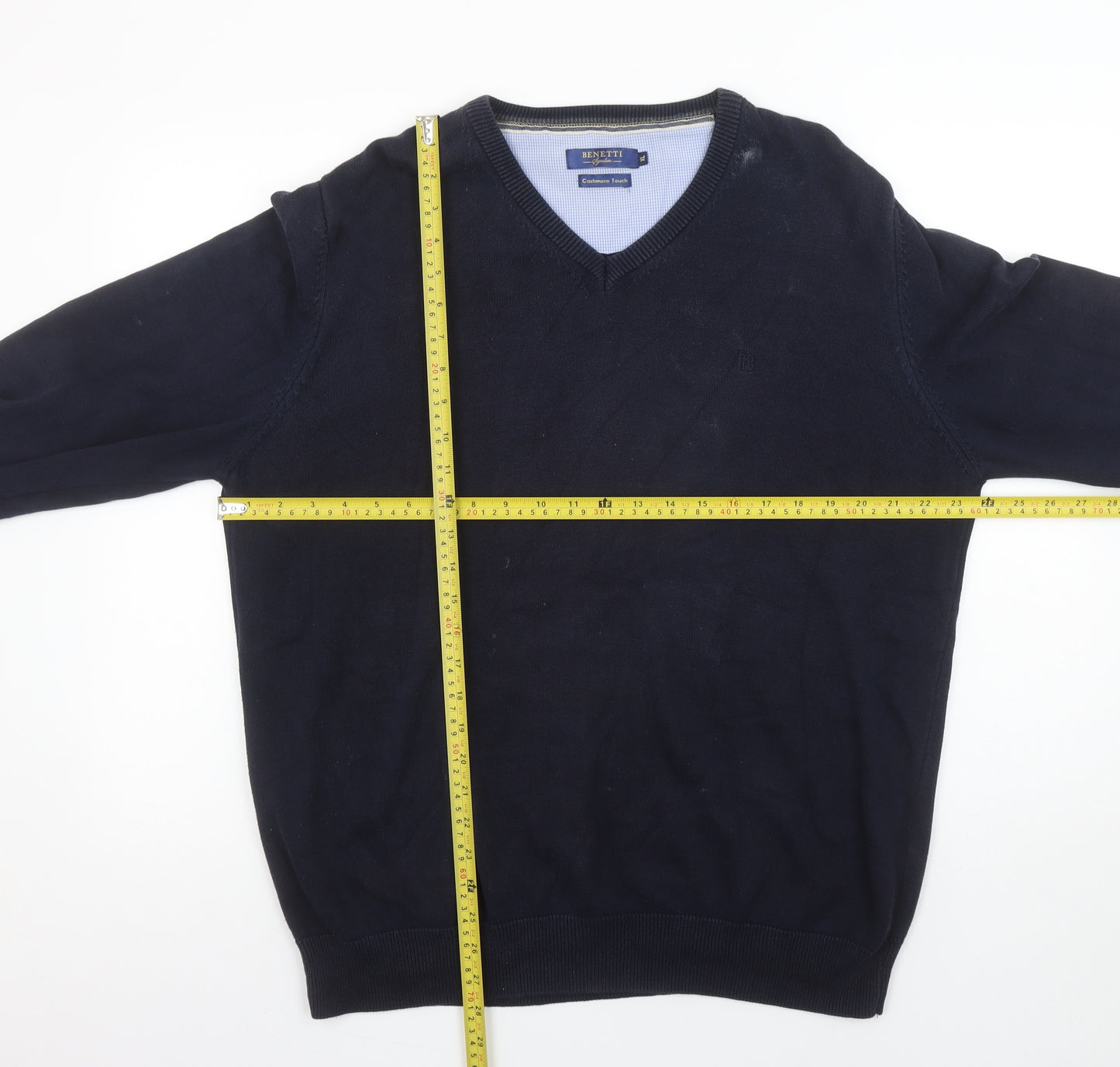 Benetti Men's Blue Cotton V-Neck Jumper XL Classic Fit