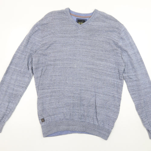 6th Sense Men's Blue Cotton V-Neck Jumper Size L Lightweight Knit