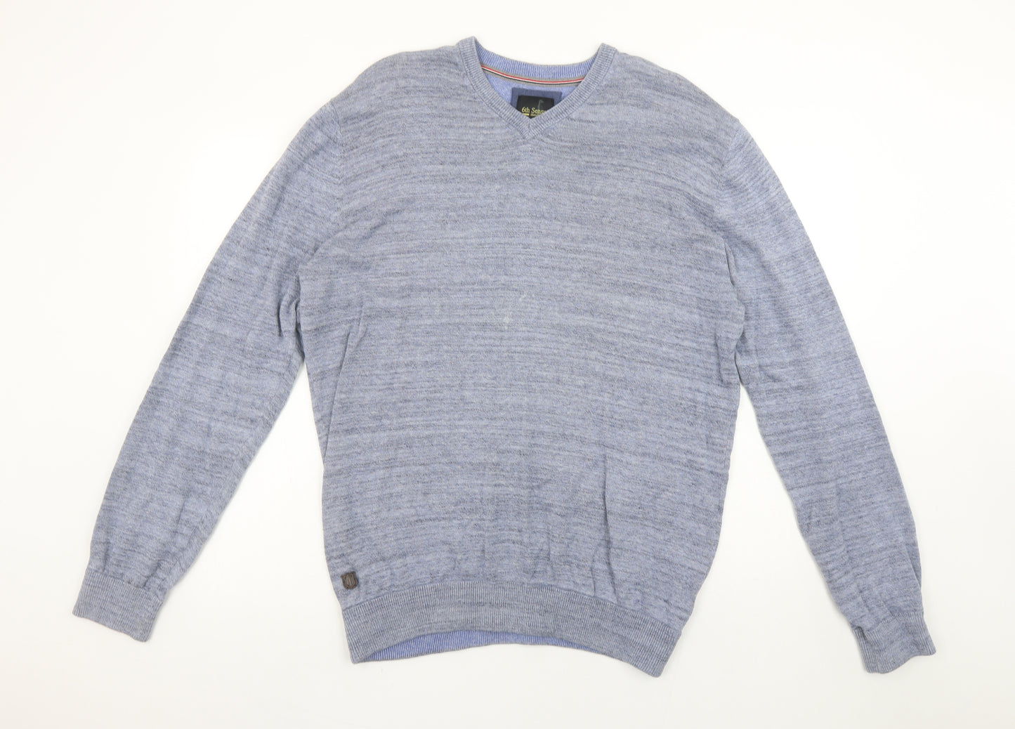 6th Sense Men's Blue Cotton V-Neck Jumper Size L Lightweight Knit