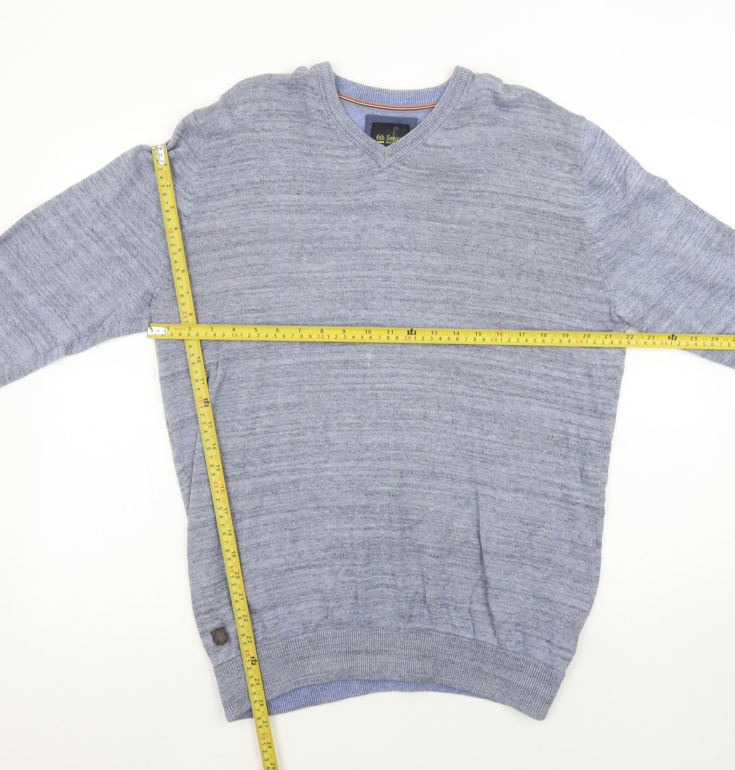 6th Sense Men's Blue Cotton V-Neck Jumper Size L Lightweight Knit